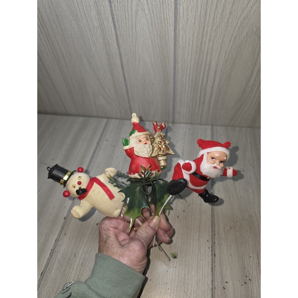Vtg Flocked Snowman Santa Blowmold Decorative Pick Christmas Tree Decor Set Of 3